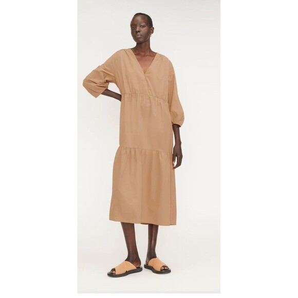 EVERLANE The Poplin Tiered Dress Caramel‎ Sz S Beige Ruffle Hem V Neck Peasant - Picture 3 of 11